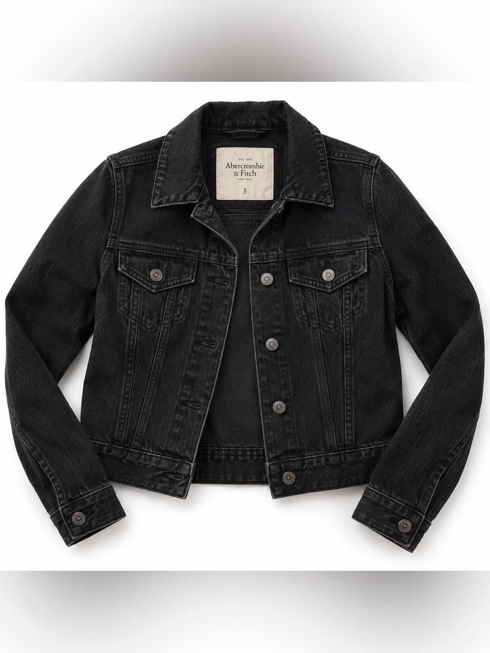 Vintage Abercrombie & Fitch Black Denim Jacket Size S Classic Trucker Fitted Y2K
